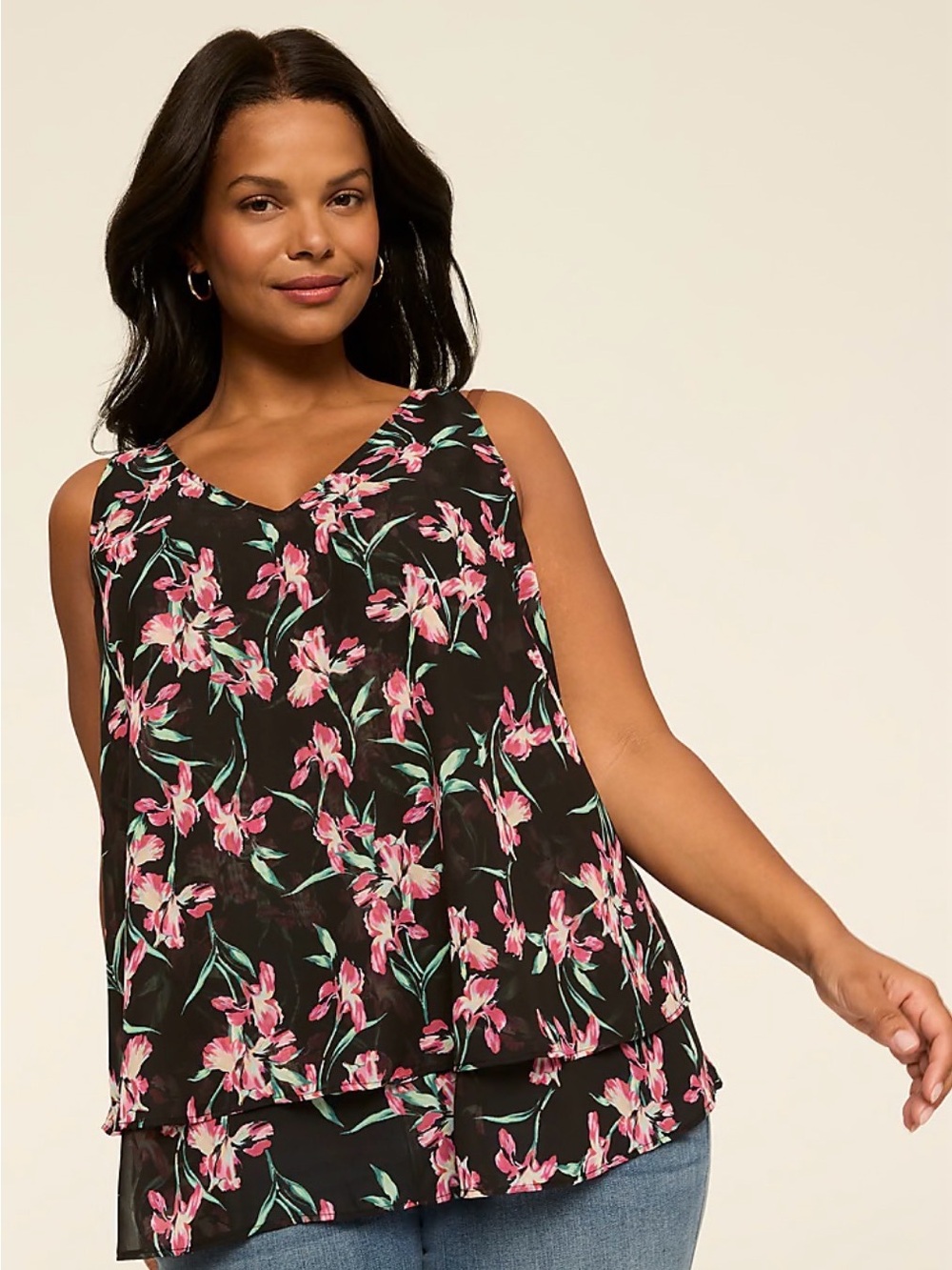 Lane Bryant Black V-Neck Layered Floral Tank with Pink Blooms